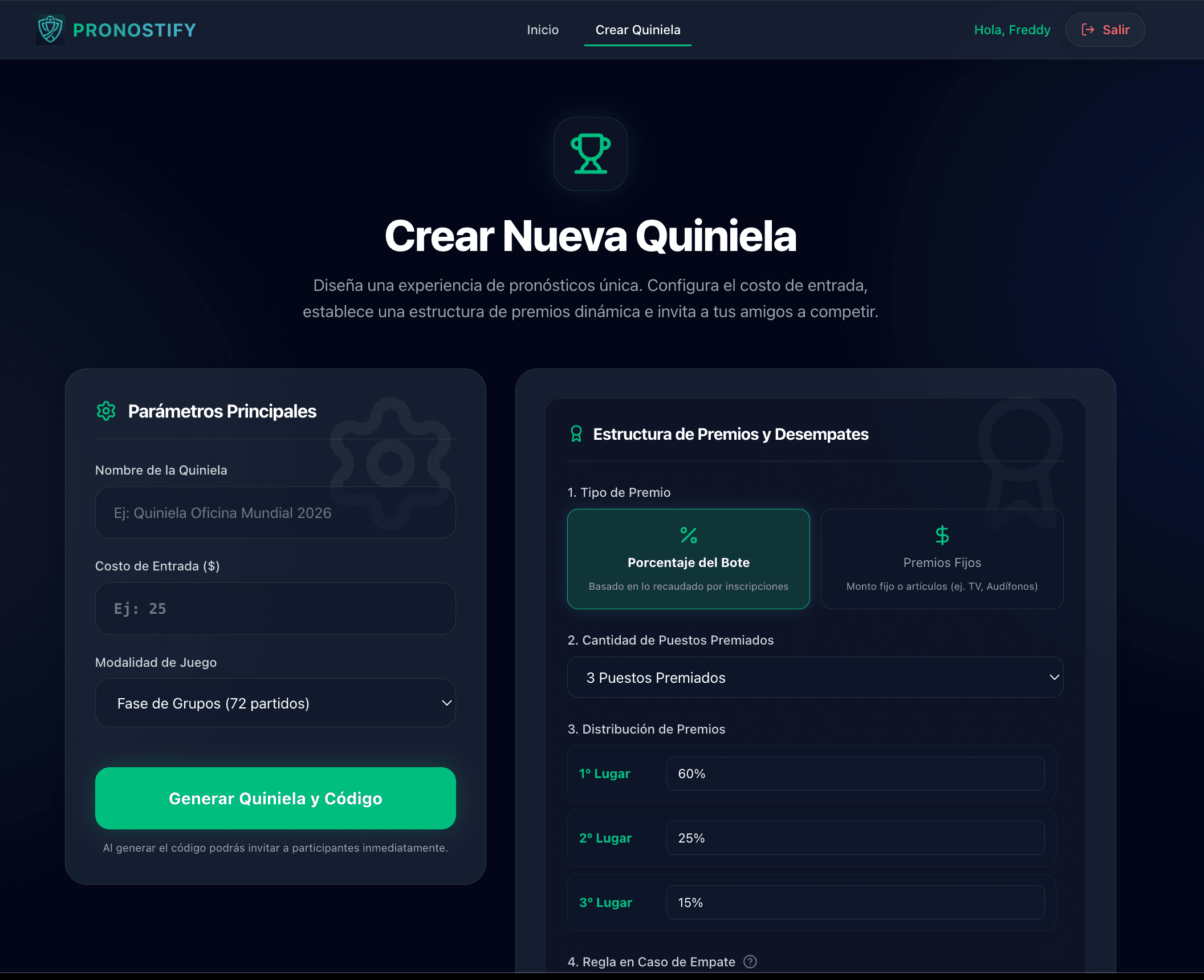 Creación de Quiniela y Premios